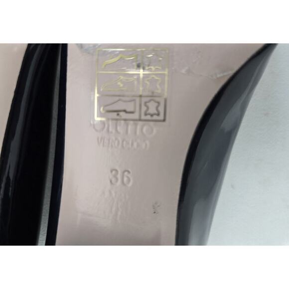 Poletto Charcoal Gray Patent Leather Heels Pumps Rhinestone Medallion Size 36 - Picture 9 of 12